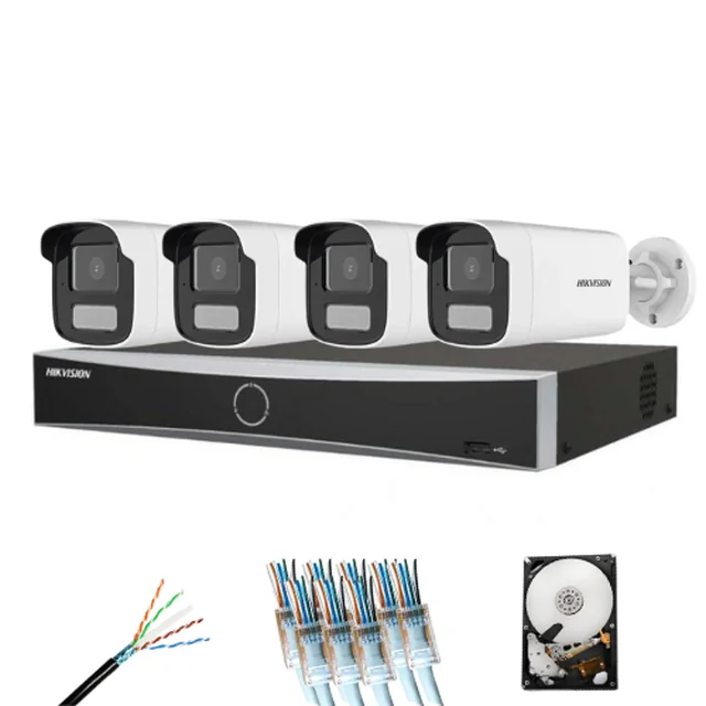 Système de surveillance complet 4 Caméras Hikvision 8MP Smart Hybrid Light 50m microphone, NVR 8 canaux, disque dur et accessoires d'installation inclus