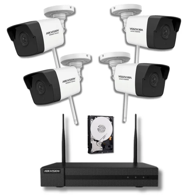 Système de surveillance Hikvision série HiWatch 4 caméras IP Wi-Fi 2 mégapixels, IR 30m microphone de carte SD, NVR 4 canaux 6 mégapixels, dur