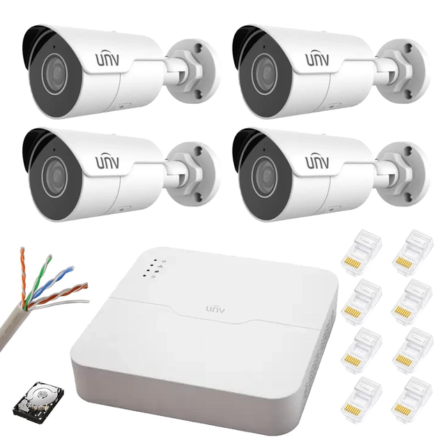 Système de surveillance IP PoE UNV 4 Caméras Starlight, 2.8mm, IR 50m, NVR 4K 4 canaux 8MP, accessoires, disque dur 500 Go