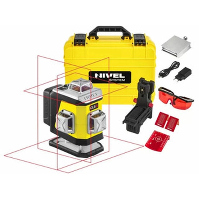 Système Nivel CL4R 4x360 Laser à ligne rouge Faisceau efficace avec intercepteur de signal : 0 - 70 m | 1 x 4 Ah batterie + chargeur | Dans une valise