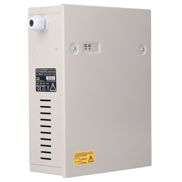 systemets strömförsörjning PS-3X-1 12V, max 3A, plats för batterier, kan utrustas med en extra modul (PS3-MR) spänningsövervakning