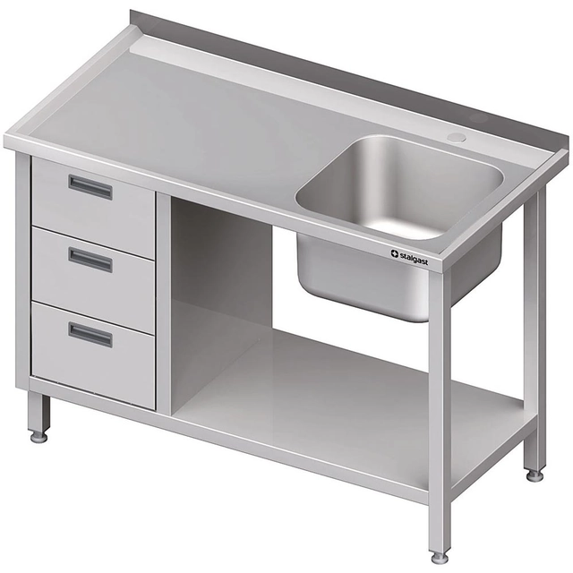 Table avec évier 1-kom.(P), avec bloc à trois tiroirs et étagère 1300x600x850 mm