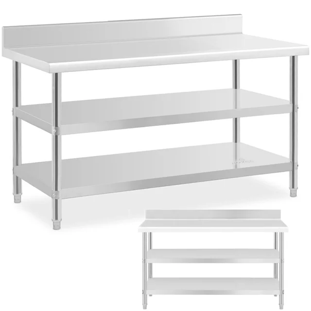 Table, stainless steel, wall-mounted worktop with edge 2 shelves 150x70cm