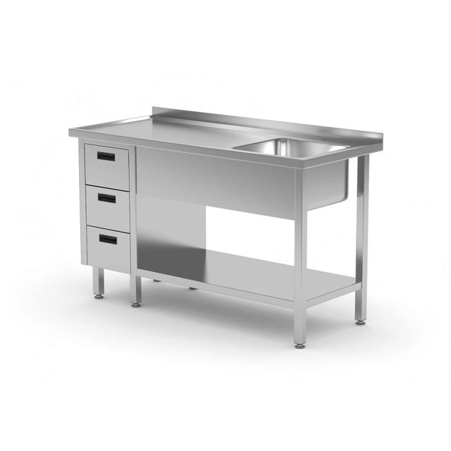 Table traiteur en inox avec étagère + évier + 3 Tiroirs 110x70x85 Polgast 215117-3