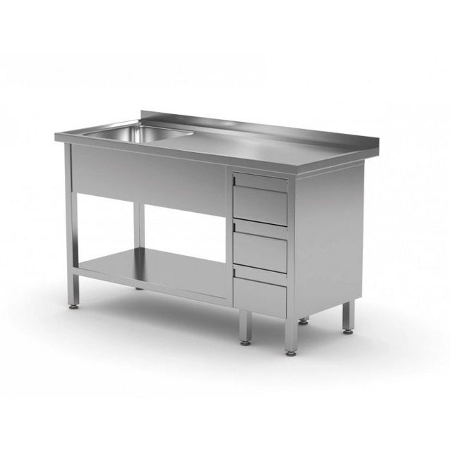Table with sink, shelf and cabinet with three drawers - compartment on the left 1000 x 600 x 850 mm POLGAST 215106-3-L 215106-3-L