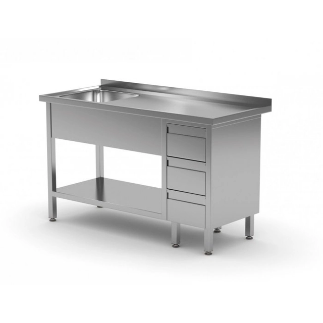 Table with sink, shelf and cabinet with three drawers - compartment on the left 1300 x 700 x 850 mm POLGAST 215137-3-L 215137-3-L