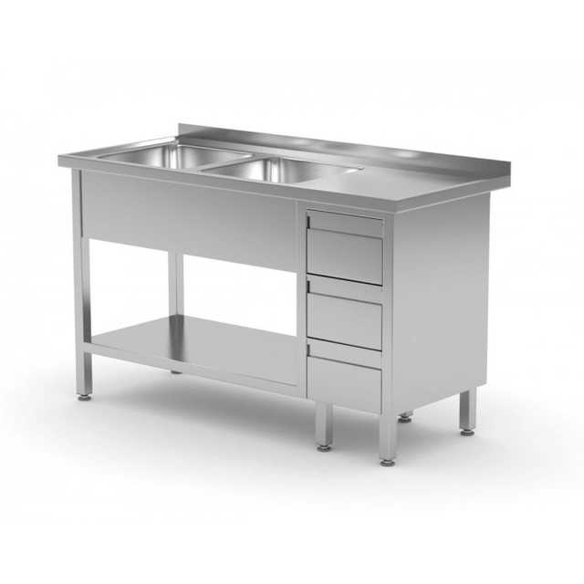 Table with two sinks, a shelf and a cabinet with three drawers - compartments on the left side 1400 x 700 x 850 mm POLGAST 225147-3-L 225147-3-L