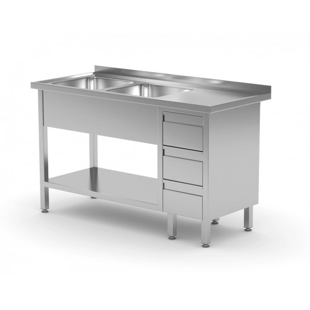Table with two sinks, a shelf and a cabinet with three drawers - compartments on the left side 2000 x 700 x 850 mm POLGAST 225207-3-L 225207-3-L