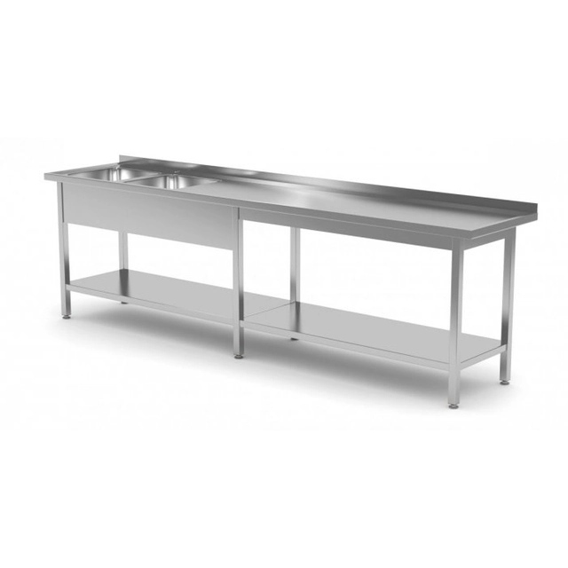 Table with two sinks and a reinforced shelf - compartments on the left side 2600 x 700 x 850 mm POLGAST 222267-6-L 222267-6-L