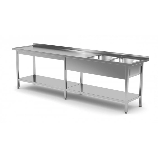 Table with two sinks and a reinforced shelf - compartments on the right side 2600 x 700 x 850 mm POLGAST 222267-6-P 222267-6-P