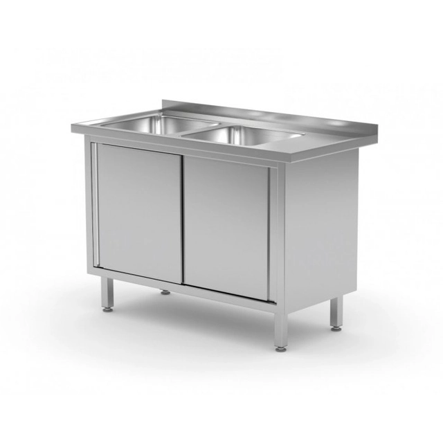 Table with two sinks, cabinet with sliding doors - compartments on the left side 1200 x 600 x 850 mm POLGAST 227126-L 227126-L