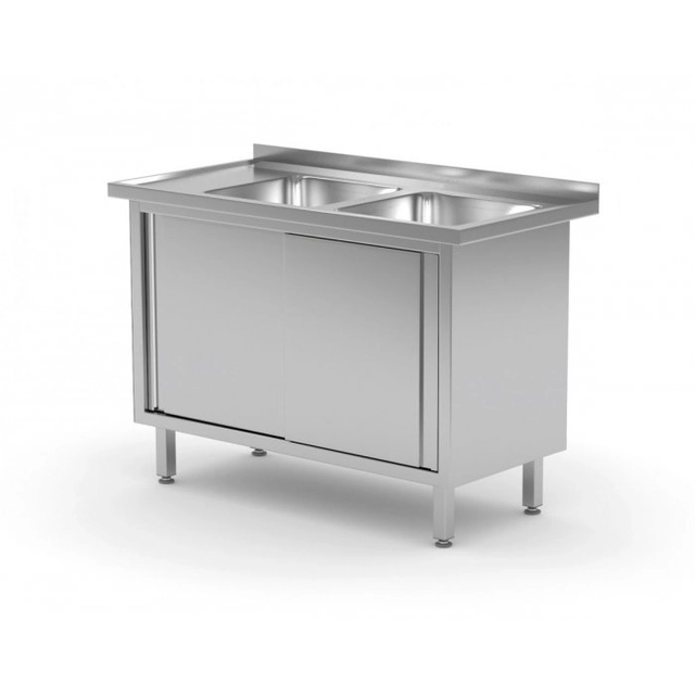 Table with two sinks, cabinet with sliding doors - compartments on the right side 1200 x 600 x 850 mm POLGAST 227126-P 227126-P