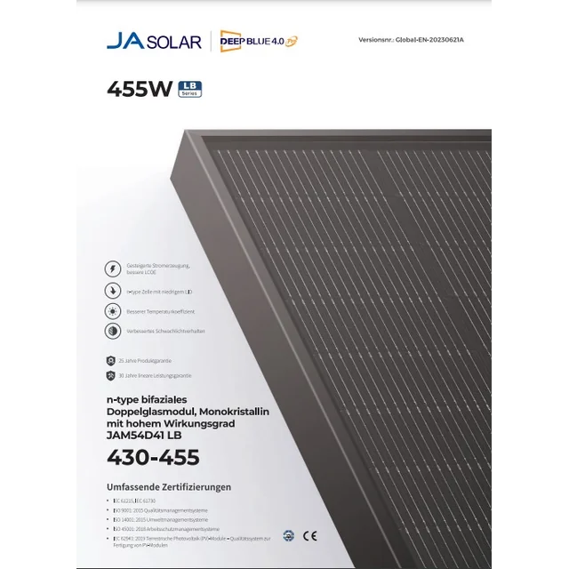 TAK Solarny JAM54D40 450/LB Szkło-szkło, dwustronne, MC4-EVO 2