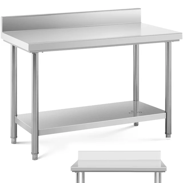 Tavolo, acciaio inox, piano di lavoro sospeso con bordo e ripiano 120x60cm