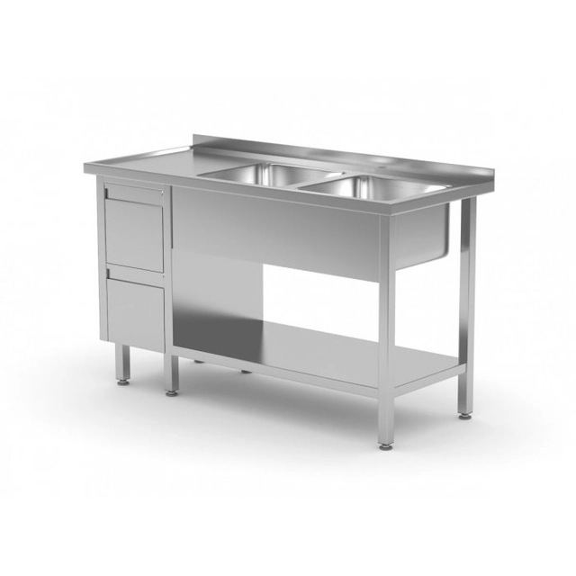 Tavolo con due lavandini, ripiano e mobile con due cassetti - scomparti a destra 1600 x 700 x 850 mm POLGAST 225167-P 225167-P