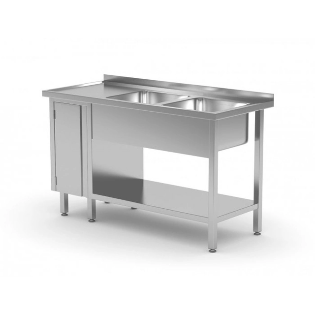 Tavolo con due lavelli, ripiano e mobile con ante battenti - vani a destra 1500 x 700 x 850 mm POLGAST 226157-P 226157-P