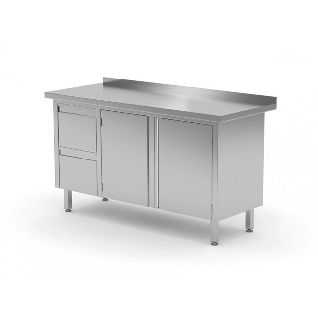 Tavolo da parete, mobile con due cassetti e ante battenti - cassetti a sinistra 1400 x 700 x 850 mm POLGAST 132147-L 132147-L