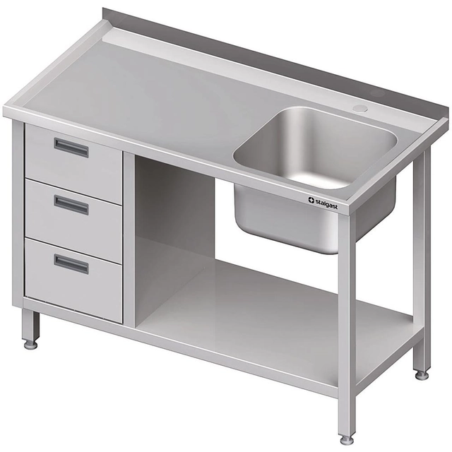 Tavolo in acciaio inox con lavello 1-kom.(P) 3 cassetti e ripiano 1100x600 | Stalgast