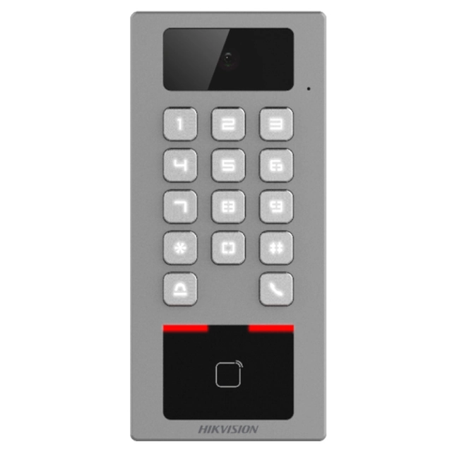 Terminal de controlo de acessos e intercomunicador com teclado e leitor de cartões, resolução 2MP, Wi-Fi, Alarme RS485, - Hikvision - DS-K1T502DBWX-C