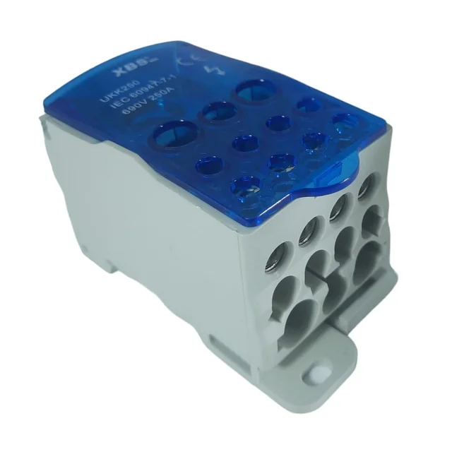 Terminal de distribución 250A derivación con montaje en carril entrada 1x95-120mm2 salida 2x6-35mm² + 5x2.5-16mm² + 4x2.5-10mm² con tapa transparente extraíble