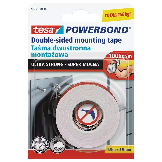 Tesa Powerbond īpaši izturīga abpusēja montāžas lente 1.50m x 19mm