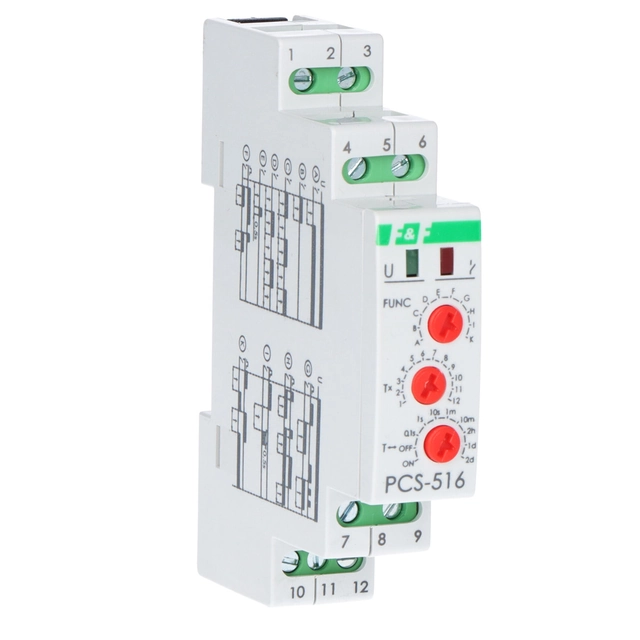 Tidssender PCS-516 DUO ti-funktion, med indgange: START og RESET, kontakter:1P, I=8A,U=230V og 24V