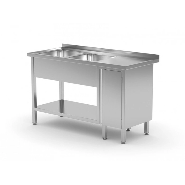 Tisch mit zwei Waschbecken, Regal und Schrank mit Flügeltüren - Fächer auf der linken Seite 1500 x 600 x 850 mm POLGAST 226156-L 226156-L