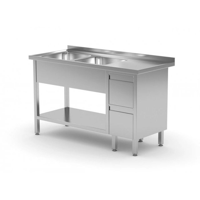 Tisch mit zwei Waschbecken, Regal und Schrank mit zwei Schubladen - Fächer auf der linken Seite 1400 x 600 x 850 mm POLGAST 225146-L 225146-L