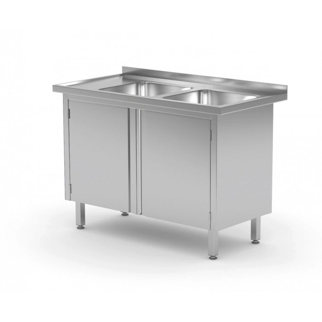 Tisch mit zwei Waschbecken, Schrank mit Flügeltüren - Fächer auf der rechten Seite 1300 x 700 x 850 mm POLGAST 228137-P 228137-P