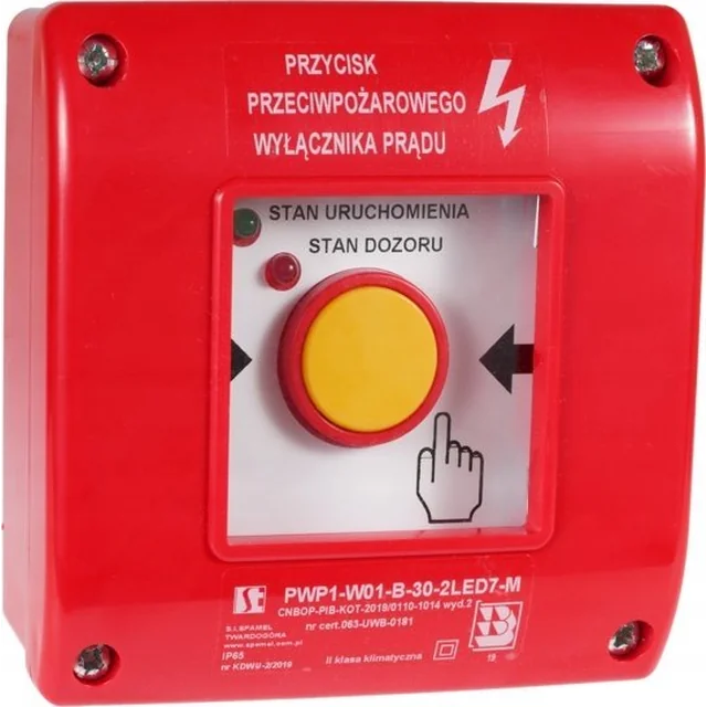 Tlačítko ručního spínače protipožární ochrany Spamel PWP1 (1NO a 1NC) s certifikátem CNBOP - 2LED zelená/červená 24VDC