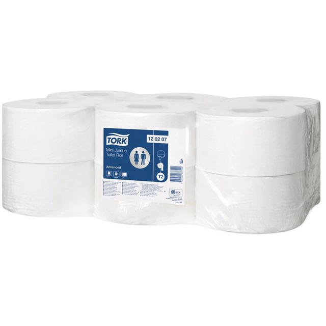 Toaletní papír, systém T2, 2 vrstvy, 19, průměr 5 cm, Advanced, TORK Mini Jumbo, bílý
