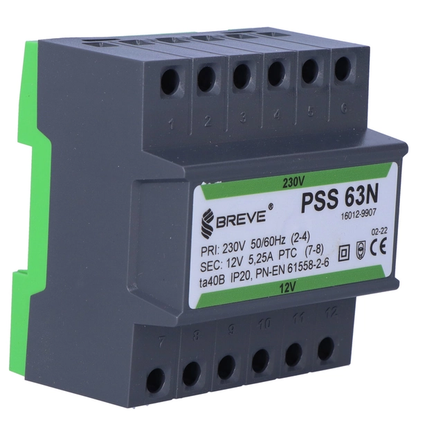 Transformateur PSS monophasé63N 230/12V IP30 au rail DIN TH-35 dans un logement modulaire