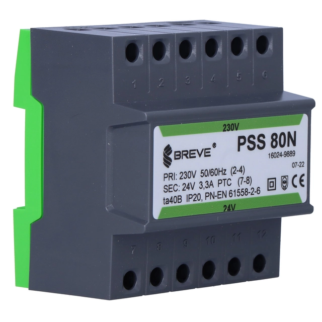 Transformator PSS monofazat 80N 230/24V IP30 la sina DIN TH-35 într-o carcasă modulară