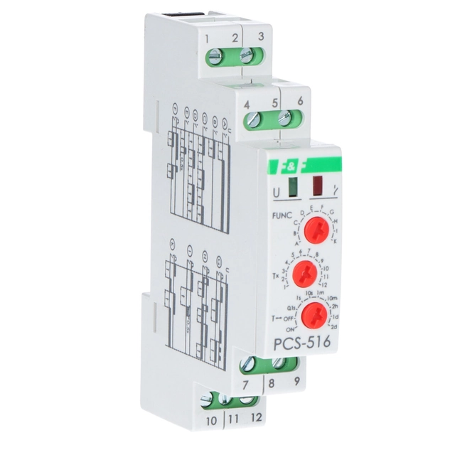 Transmisor de tiempo PCS-516 DUO de diez funciones, con entradas: START y RESET, contactos:1P, I=8A,U=230V y 24V