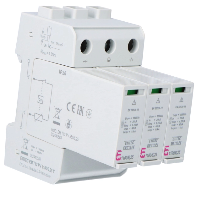 Túlfeszültség-levezető T1 T2 (B és C) ETITEC EM PV rendszerekhez T12 PV 1100/6,25 Y