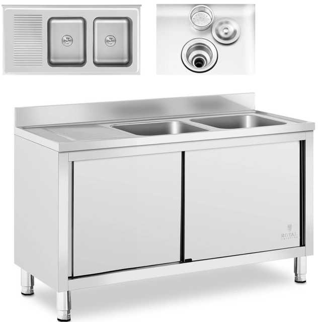 Two-bowl catering sink with a cabinet with sliding doors 140 x 70 x 95 cm