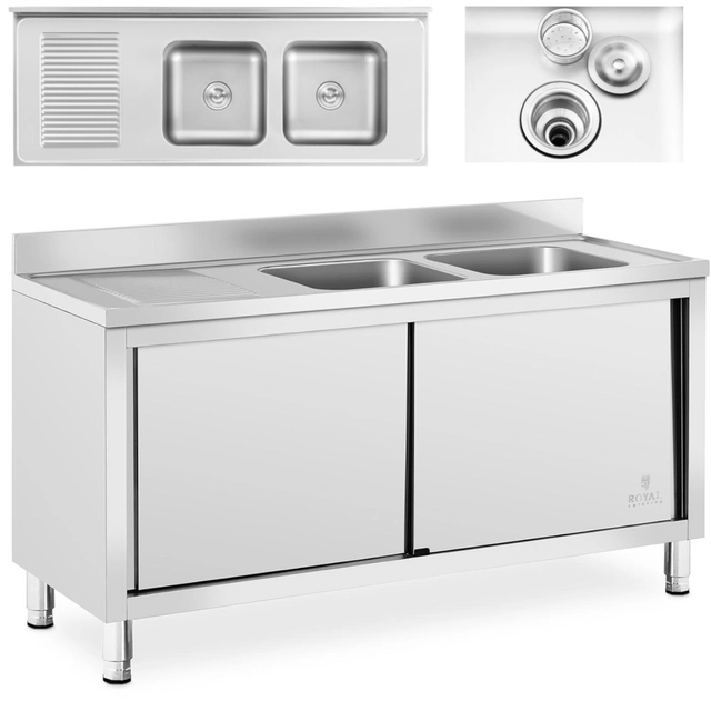 Two-chamber catering pool sink with a sliding door cabinet 160 x 60 x 95 cm