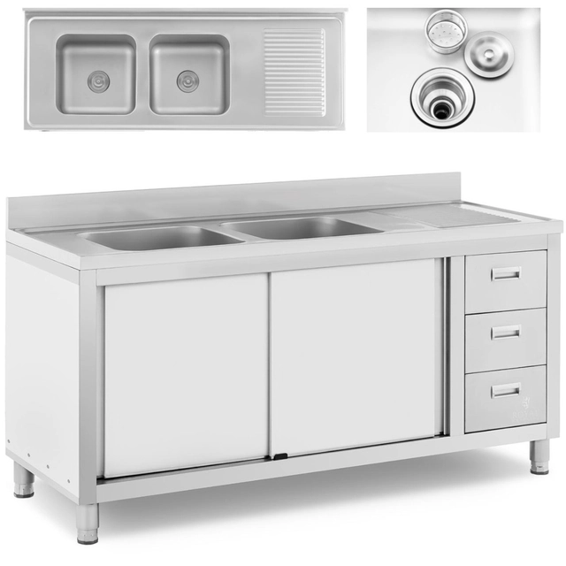 Two-chamber catering pool sink with a steel cabinet with sliding doors and drawers 160 x 60 x 95 cm