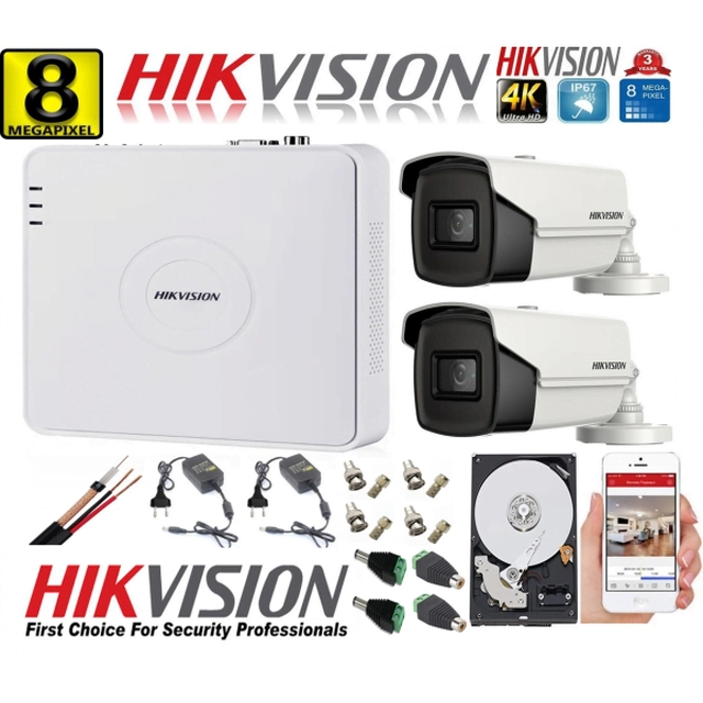 Ultraprofesjonalny zestaw do monitoringu Hikvision 2 kamer 8MP 4K IR 80M DVR 4 kanały akcesoriów w zestawie i dysk twardy