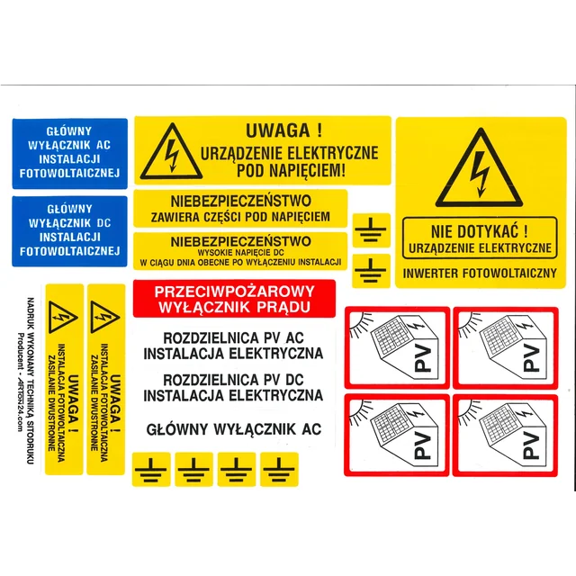 Um conjunto de etiquetas (adesivos) para uma instalação fotovoltaica