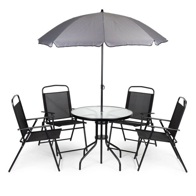 Un ensemble de table de salon de jardin 4 chaises parapluie