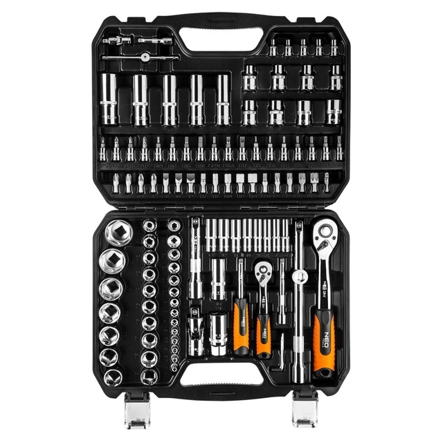 Universal tool set in a 110-piece case. CRV socket wrenches