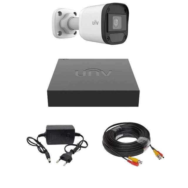 Uniview overvågningssæt med 1 2 megapixel kamera, infrarød 20M, Hybrid DVR med 4 kanaler 2MP, kabel, strømforsyning