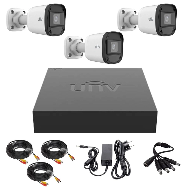 Uniview sledovací systém, 3 2 Megapixelové kamery, Infračervený 20M, Hybridní DVR s 4 kanály 2MP, Kabel, Napájení