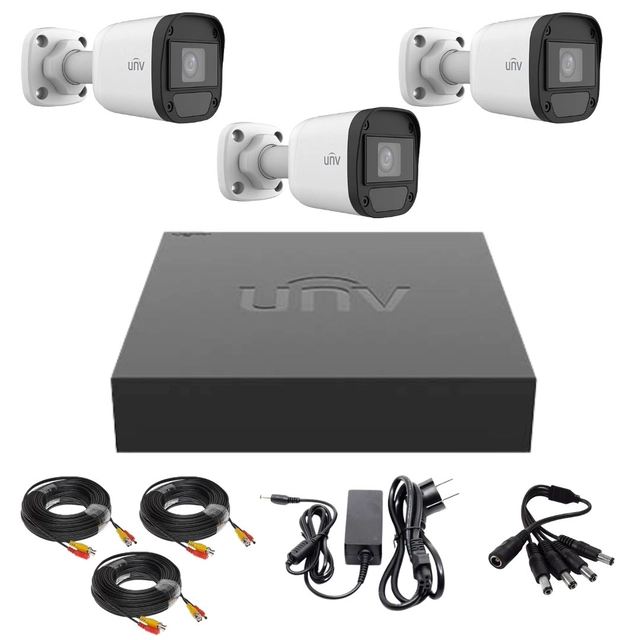 Uniview surveillance system, 3 2 Megapixel cameras, Infrared 20M, Hybrid DVR with 4 channels 2MP, Cable, Power supply
