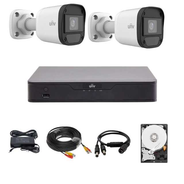 Uniview surveillance system with 2 5 Megapixel cameras, Infrared 20M, Hybrid DVR with 4 channels 5MP, HDD, accessories