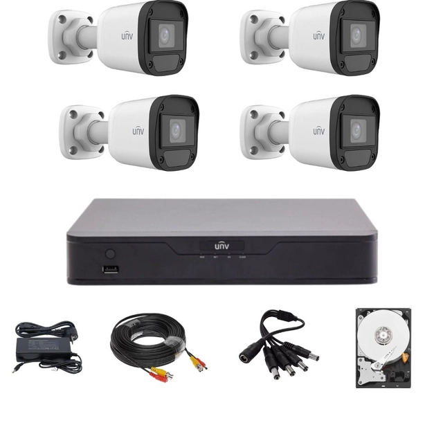 Uniview surveillance system with 4 5 Megapixel cameras, Infrared 20M, Hybrid DVR with 4 channels 5MP, HDD, accessories