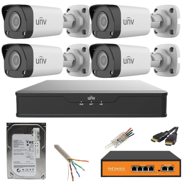 UNV-valvontajärjestelmä 4 IP-kameroita 5MP IR 30M PoE NVR 4 kanavia HDD-lisävarusteilla 500GB mukana