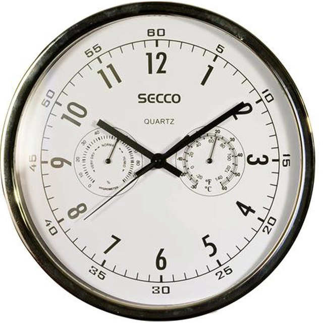 Wall clock, 30.5 cm, with humidity meter, thermometer, white dial, SECCO, chrome frame