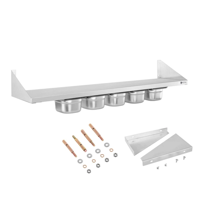 Wall shelf hanging on stainless steel consoles with containers GN1/6